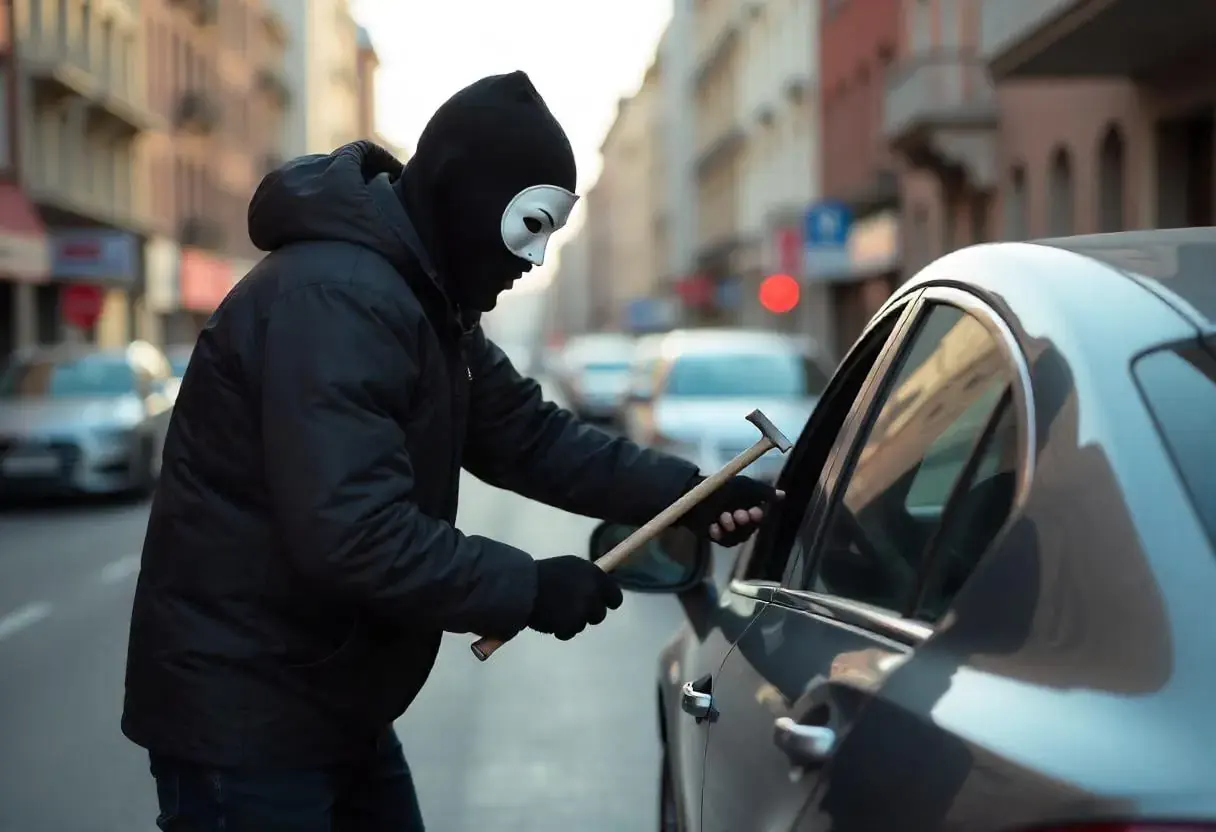 Person in a mask breaking a car window with a hammer