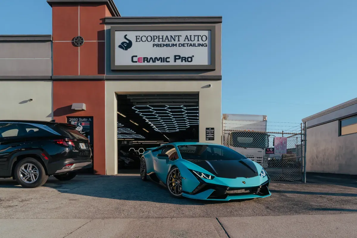 Matte blue Lamborghini Huracan Tecnica with ceramic coating outside Ecophant Auto in Boca Raton